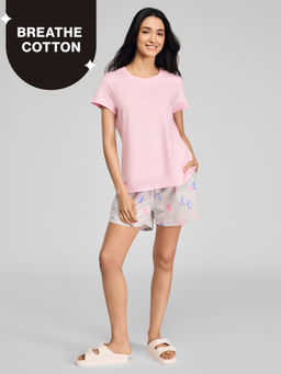 Nykd by Nykaa - Nykd by NykaaEssential Cotton Shorts Coord Set With Crew Neck Cotton Knit Tee Nys942 Pink Coastal