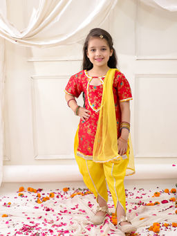 KID1 - Jacquard Red Kurti & Dhoti With Dupatta