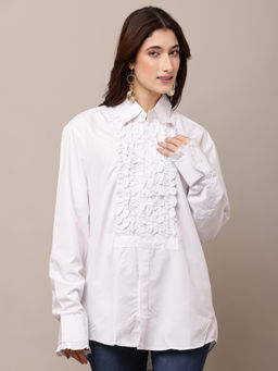 NOBARR - Women Cotton Full Sleeve With Shirt Collar Ruffle White Shirt