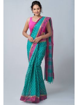 Unnati Silks - Green Pure Hand Block Printed Mangalagiri Cotton Saree with Unstitched Blouse