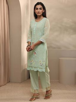 Libas - Green Floral Embroidered Tunic With Solid Pant Co-Ord Set