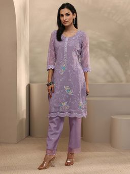 Libas - Lavender Floral Embroidered Tunic With Solid Pant Co-Ord Set