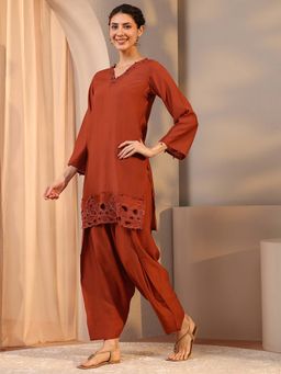 Libas - Rust Floral Embellished Kurta With Salwar