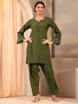 Libas - Olive Green Yoke Design Embellished Kurta And Salwar
