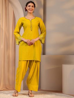 Libas - Mustard Yoke Design Embellished Kurta With Salwar