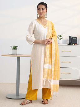 Gerua By Libas - White Ethnic Motif Woven Design Straight Kurta With Pant & Dupatta