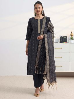 Gerua By Libas - Navy Blue Ethnic Motif Woven Design Straight Kurta With Pant & Dupatta