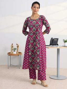 Gerua By Libas - Pink Floral Printed A-Line Kurta With Pant