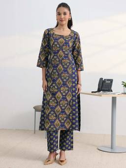 Gerua By Libas - Blue Floral Printed A-Line Kurta With Pant
