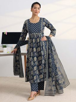 Gerua By Libas - Blue Floral Printed A-Line Kurta With Pant & Dupatta