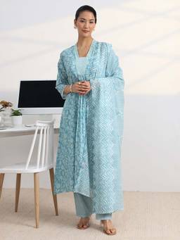 Gerua By Libas - Blue Floral Printed Cotton Blend A-Line Suit Set With Dupatta