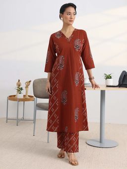 Gerua By Libas - Rust Ethnic Motif A-Line Kurta With Pocket And Printed Pant