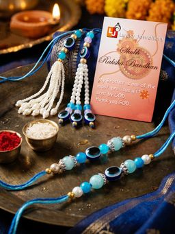 LUCKY JEWELLERY - Evil Eye Lumba Rakhi Blue Gold Beads with Roli Chawal and Card (Pack of 4)