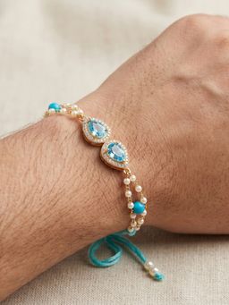 LUCKY JEWELLERY - Blue Ad Drop, White Beads On Double Chain Rakhi for Brother
