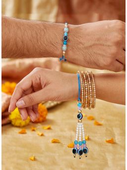 LUCKY JEWELLERY - Bhaiya Bhabhi Evil Eye Lumba Rakhi with Roli Chawal and Card (Pack of 2)