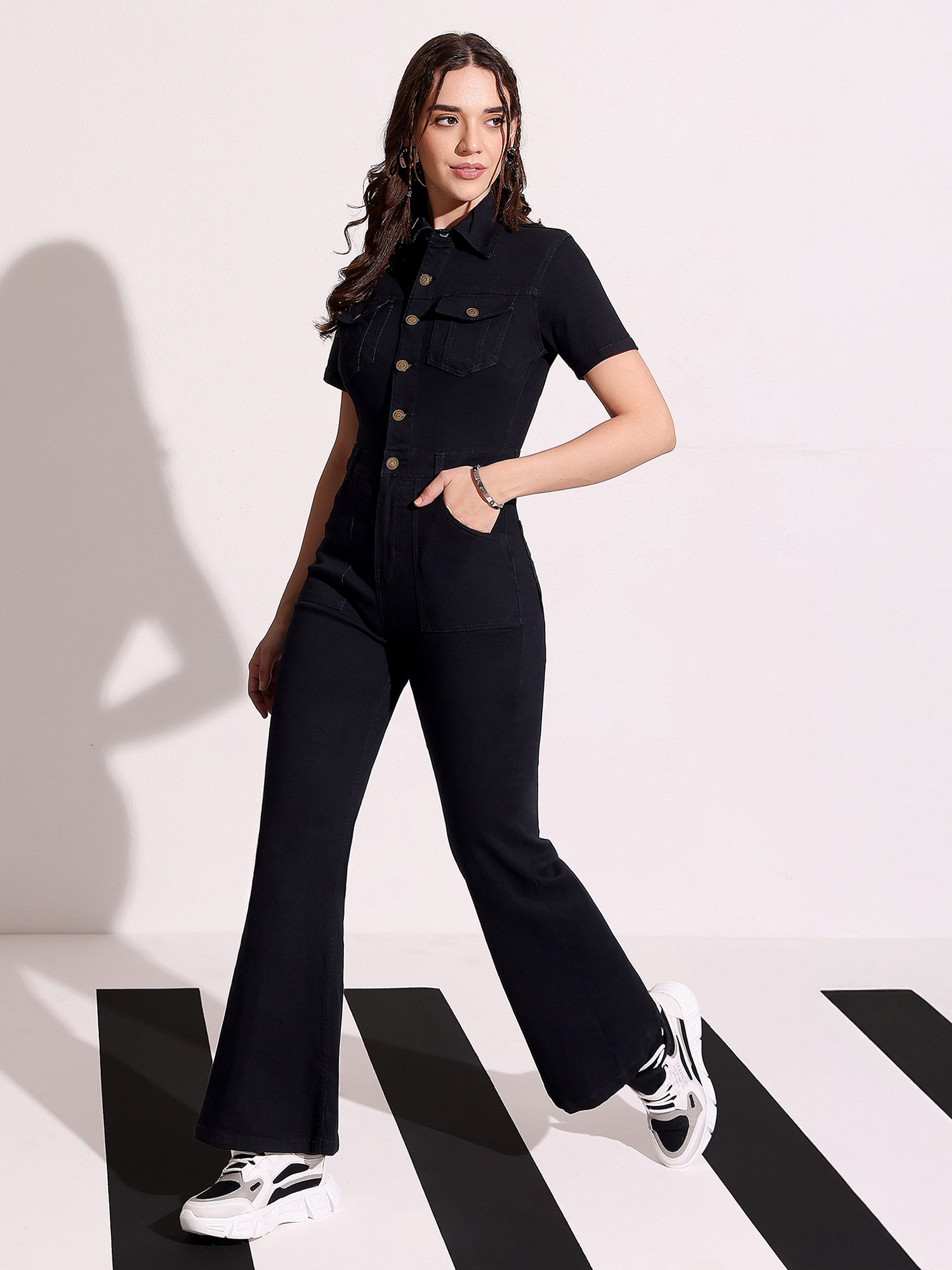 dolce crudo Black Flared High Rise Stretchable Denim Jumpsuit-picture-16