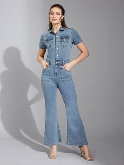 LIFE WITH POCKETS - Blue Flared High Rise Regular Denim Jumpsuit