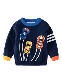 Little Surprise Box - Navy Race Cars Theme Sweater