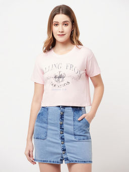 CRIMSOUNE CLUB - Women Pink Printed Round Neck Cropped T-shirt