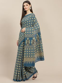 Yufta - Women Blue Ajrak Print Floral Motifs Saree with Unstitched Blouse