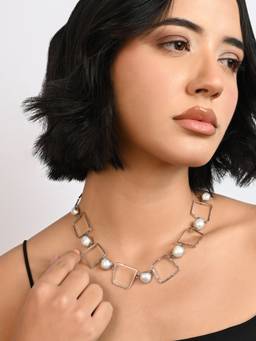 TOUCH925 - Pure 925 Silver Geometric Pearl Necklace For Women