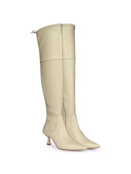 Saint G - Women Beige Stretch Napa Leather Above The Knee Casual Boots