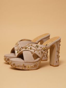 ERIDANI - Virika Beige Embroidered Heels