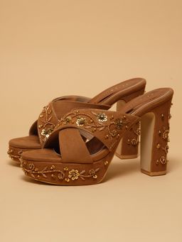 ERIDANI - Virika Tan Embroidered Heels
