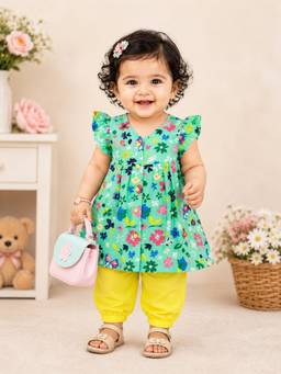 PSPeaches - Turquoise Floral Cotton Regular Kurta and Pant