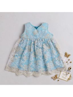Many Frocks - Blue Self Design Net Regular Dress