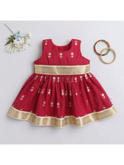 Many Frocks - Maroon Floral Cotton Regular Dress
