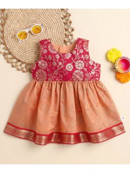 Many Frocks - Peach Floral Chanderi Regular Dress