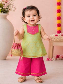 PSPeaches - Green Embroidered Kota Regular Kurta and Palazzo