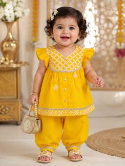 PSPeaches - Yellow Embroidered Rayon Regular Kurta and Salwar