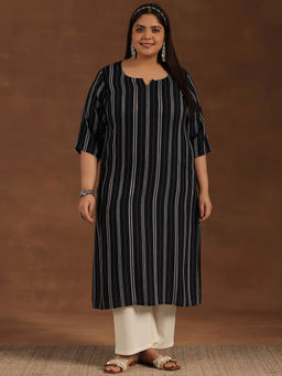 Extra love by Libas - Plus Size Women Navy Blue Striped Rayon Straight Kurtas for Women