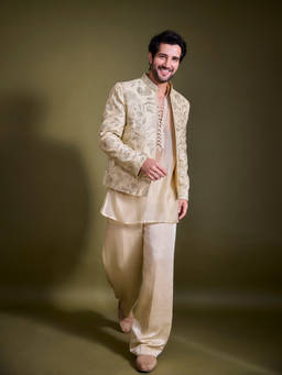 Gopi Vaid - Adiya Seal in Dhir Beige Kurta With Pants and Jacket