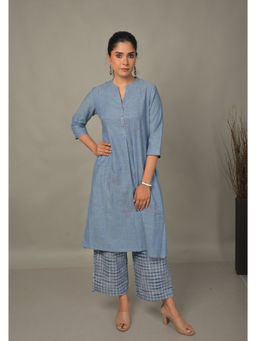 EARTHWEAR - Denim Blue Hand Embroidered Handloom Cotton A-Line Kurta