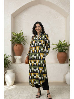 Safeera - Multi-color Geometric Grace Handblock Printed Long Kurta