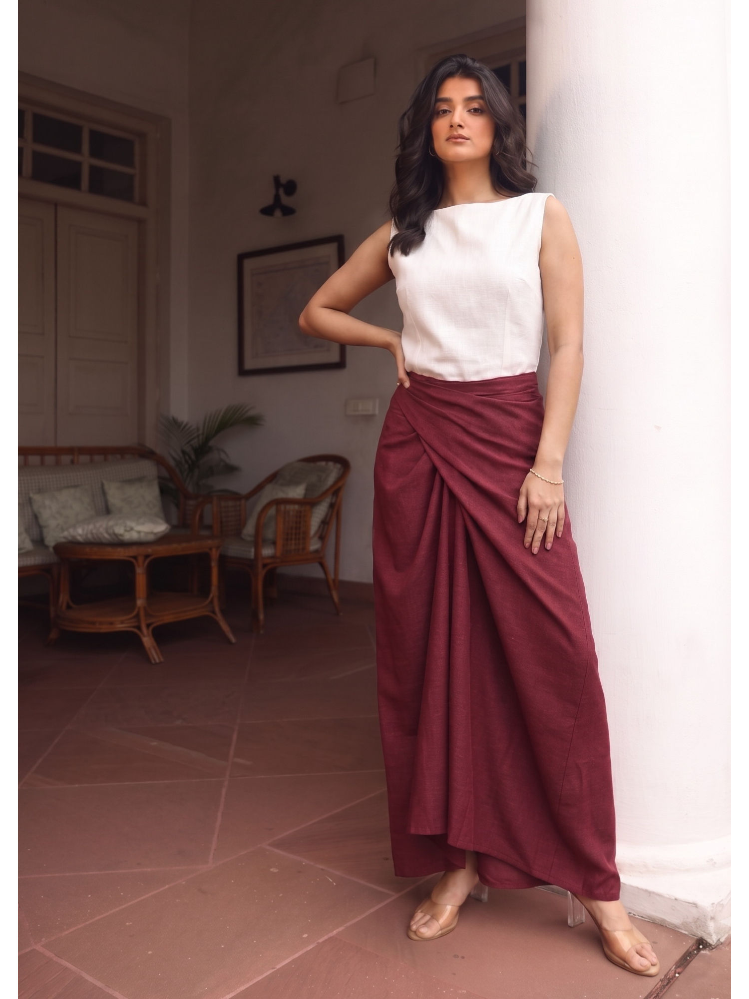 Wine Althea knotted Drape Skirt-picture-22