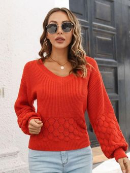 Oh Rare - Women Orange Ribbed V-Neck Pullover Sweater