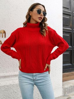 Oh Rare - Women Red Cable Knit Self Design Pullover
