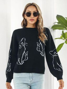 Oh Rare - Women Black Conversational Printed Pullover