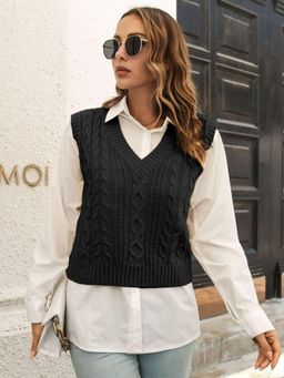 Oh Rare - Women Black Cable Knit Sweater Vest