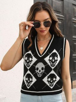 Oh Rare - Women Black Printed Sweater Vest