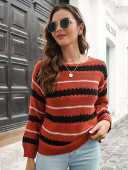 Oh Rare - Women Copper Round Neck Striped Pullover Sweater