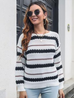 Oh Rare - Women White Round Neck Striped Pullover Sweater