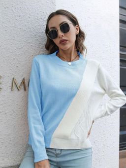 Oh Rare - Women Blue Round Neck Pullover Sweater