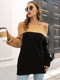 Oh Rare - Women Black Ribbed Longline Pullover Sweater