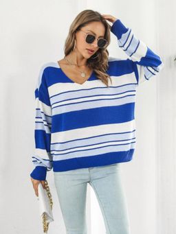 Oh Rare - Women Blue Striped Pullover Sweater
