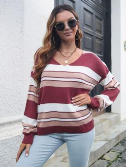 Oh Rare - Women Pink Striped Pullover Sweater